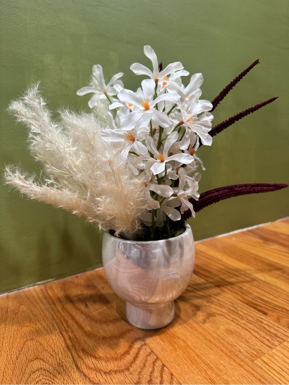 Elegant White Floral Arrangement with Cream Pampas in Silver Vase
